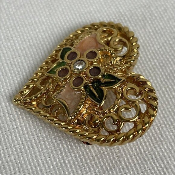 Floral Heart Brooch I Love You Rhinestone Enamel Flower Gold Tone Pin Pendant - Picture 4 of 5